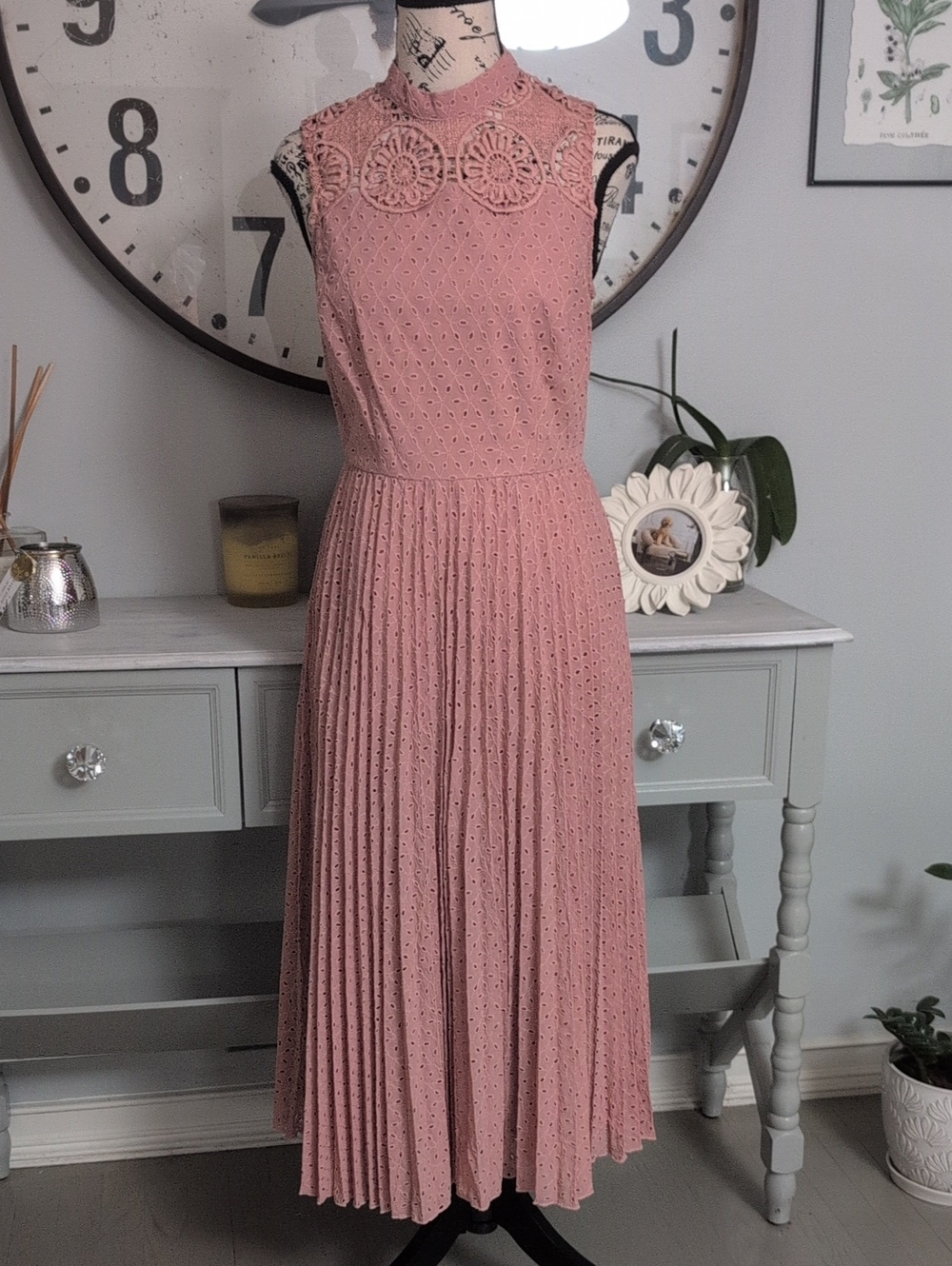 ASOS Eyelet Sleeveless Pink Lace Pleated Midi Dress